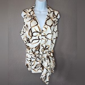 Jones New York Sleeveless White Button Up Brown Brushed Floral Mock Belt
